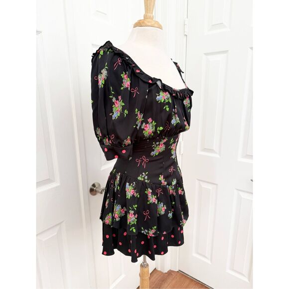 For Love & Lemons Bow Black Wilson Floral Peasant Style Mini Dress Small - Picture 2 of 6